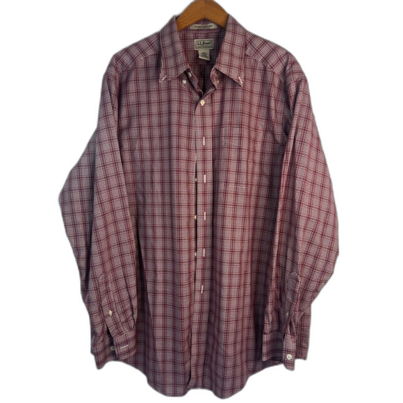 LL Bean Burgundy Cotton Plaid Wrinkle Resistant Casual Button Down Size L Reg - Picture 1 of 9